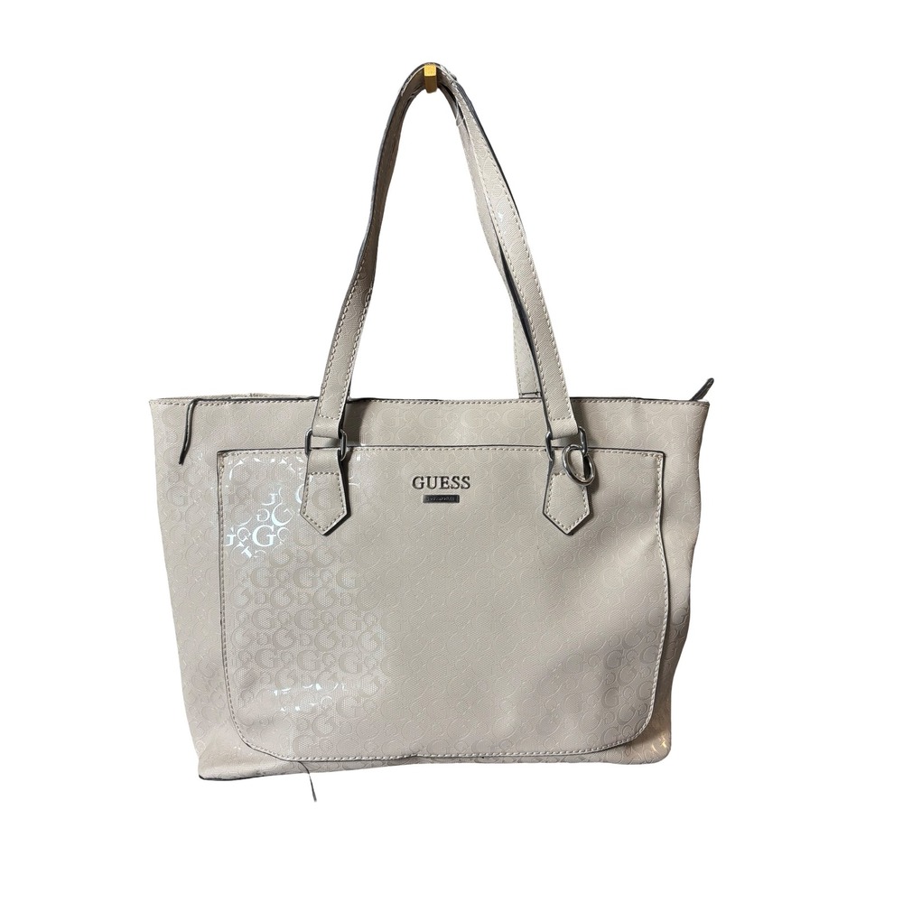 Guess Los Angeles Monogram Logo Tote Bag Cream Beige Faux Leather Large